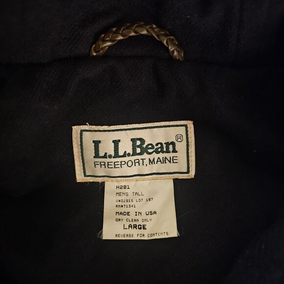 LL Bean Wool Duffle Coat Toggle Hooded Vintage Chore Navy Plaid USA Mens Tall L - Picture 6 of 7